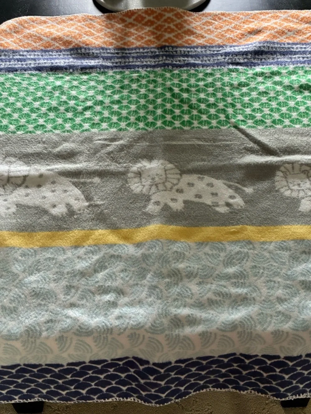 Pottery Barn Striped Multicolor Lion Print Baby Blanket- Green, Gray, Yellow